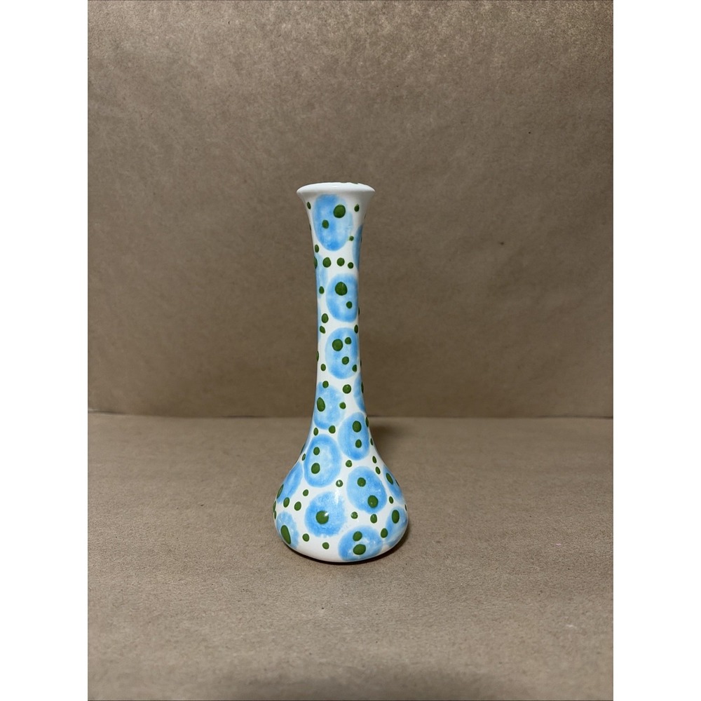 Polka Dot Bud Vase Creative Art Ceramic White Blue Green 1960s Style Small